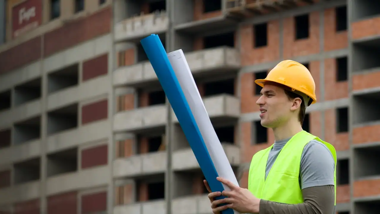 Egresado de ingeniería civil sosteniendo planos de construcción