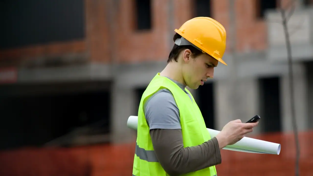 Egresado de la lic en ingeniería civil de UNITEC revisando detalles en construcción