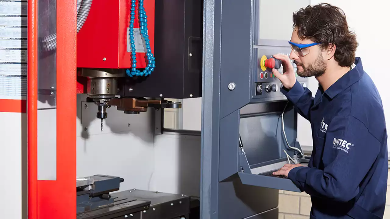 lumno de Ingeniería en Mecatrónica operando una máquina en laboratorio