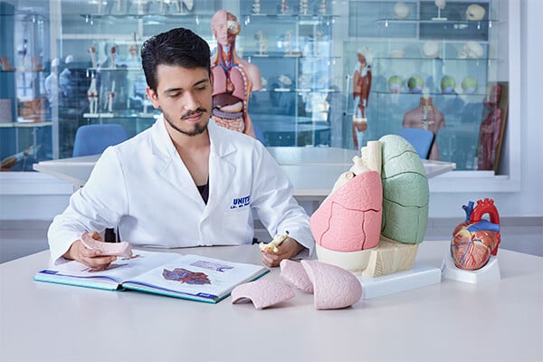 Estudiante de medicina en clase de anatomía 