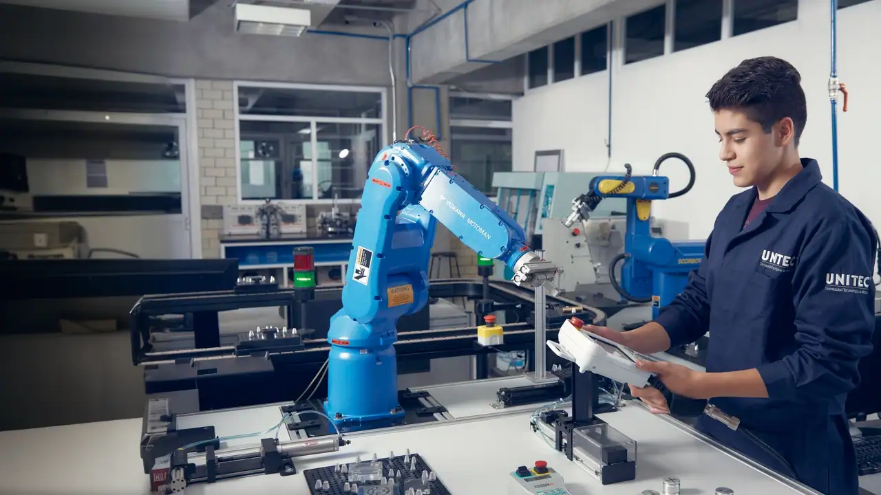 Alumno de UNITEC de la ingeniería robótica utiliza un brazo robótico en clase.