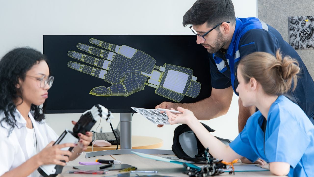 ingeniería-biomédica-estudiantes-revisando-una-prótesis-de-mano