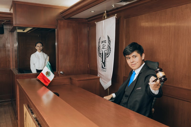 Sala de Juicios Orales UNITEC: alumno en el estrado del juez