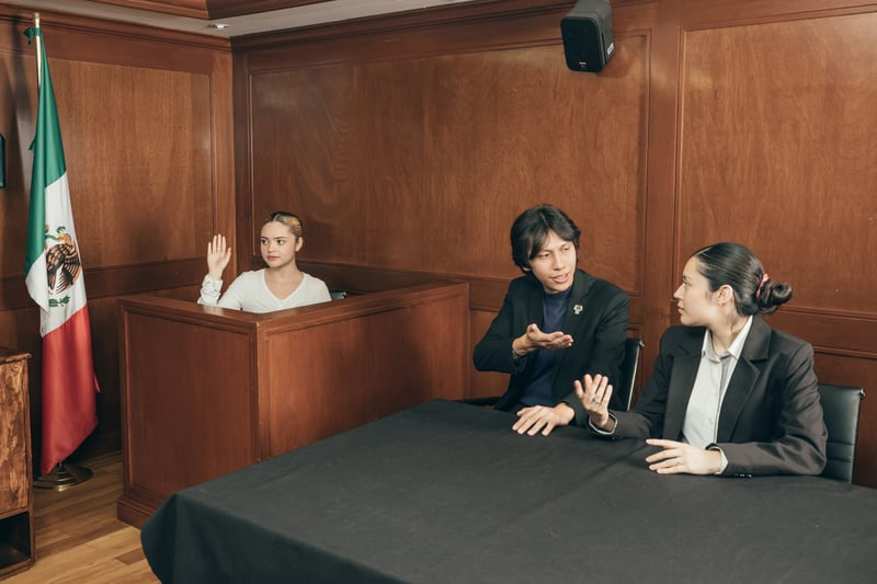 Sala de Juicios Orales UNITEC: alumnos practicando un interrogatorio