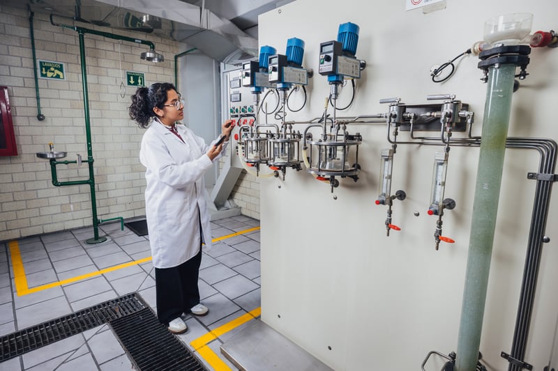 Laboratorio Química UNITEC: alumna operando reactores de proceso