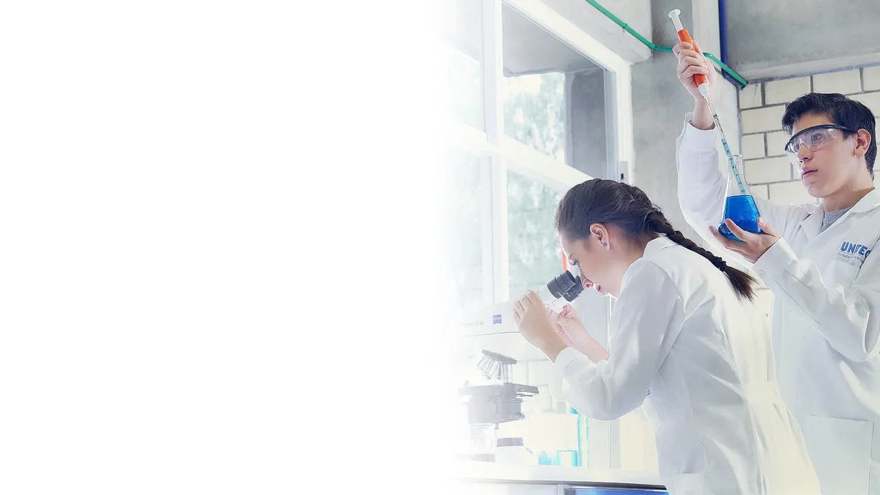 Dos alumnos de Ingeniería Química realizando práctica en laboratorio.