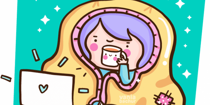 Ilustración adorable de persona envuelta en una manta amarilla con una taza caliente frente a una computadora, representando comodidad y relax.