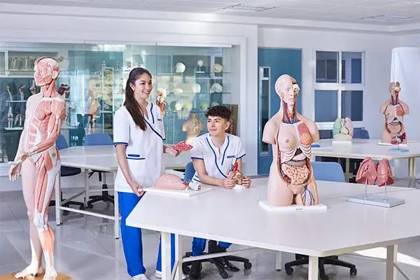 Dos alumnos de la carrera de Medicina en el sálon de estructura y funsión