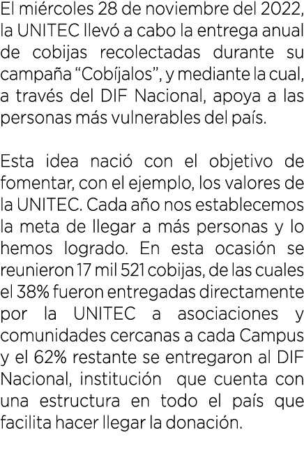 El mi rcoles 28 de noviembre del 2022, la UNITEC llev a cabo la entrega anual de cobijas recolectadas durante su cam...